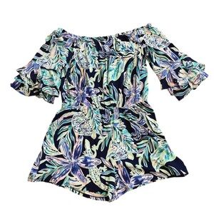 NWOT Lilly Pulitzer Blue and Green Floral Wide Neck Romper 🌸